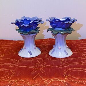Lot of 2 VTG Blue Rose Porcelain Candlestick Holders One Perfect, One Lil Damage